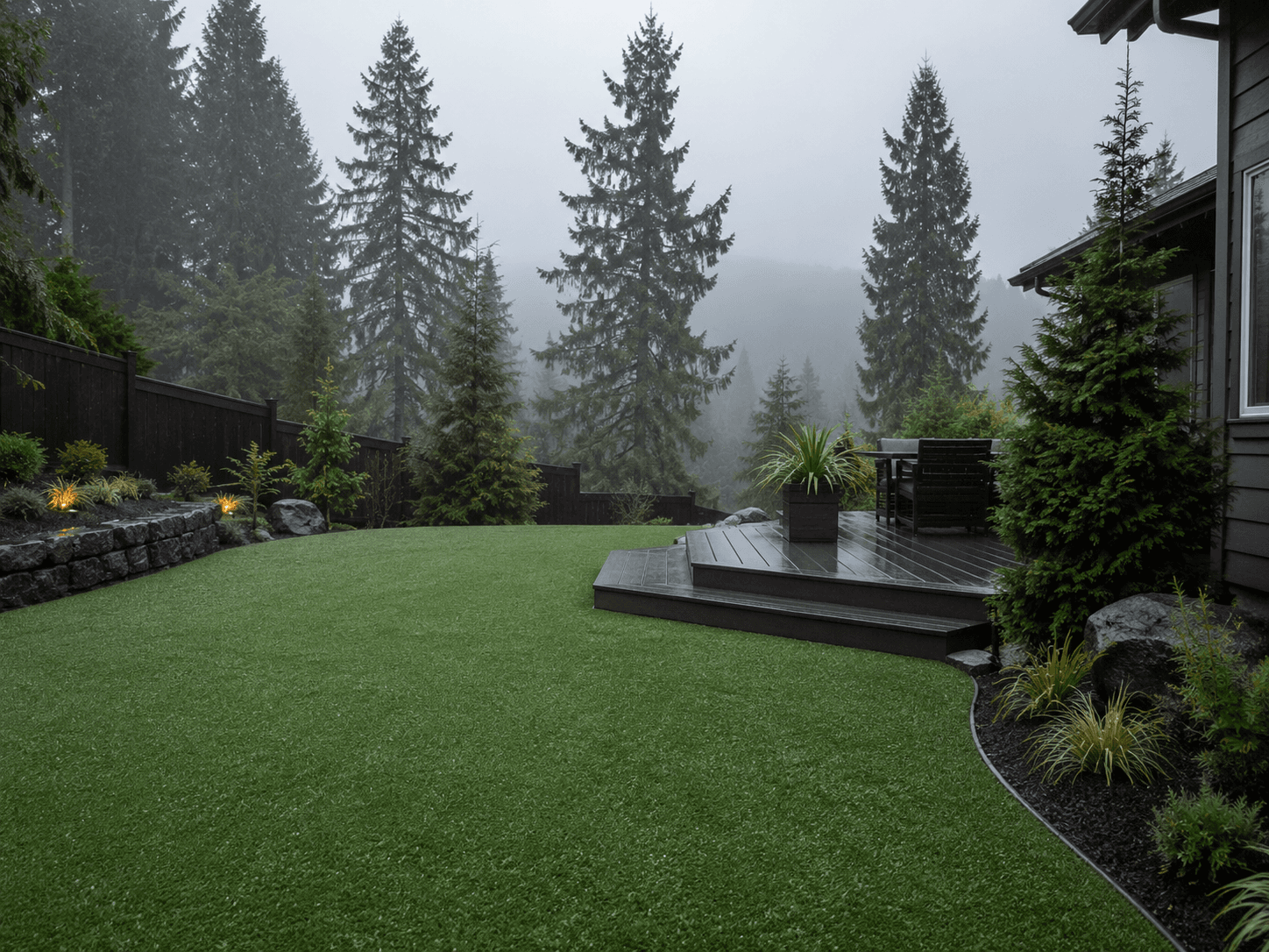 Artificial turf installed in a Pacific Northwest yard with rain