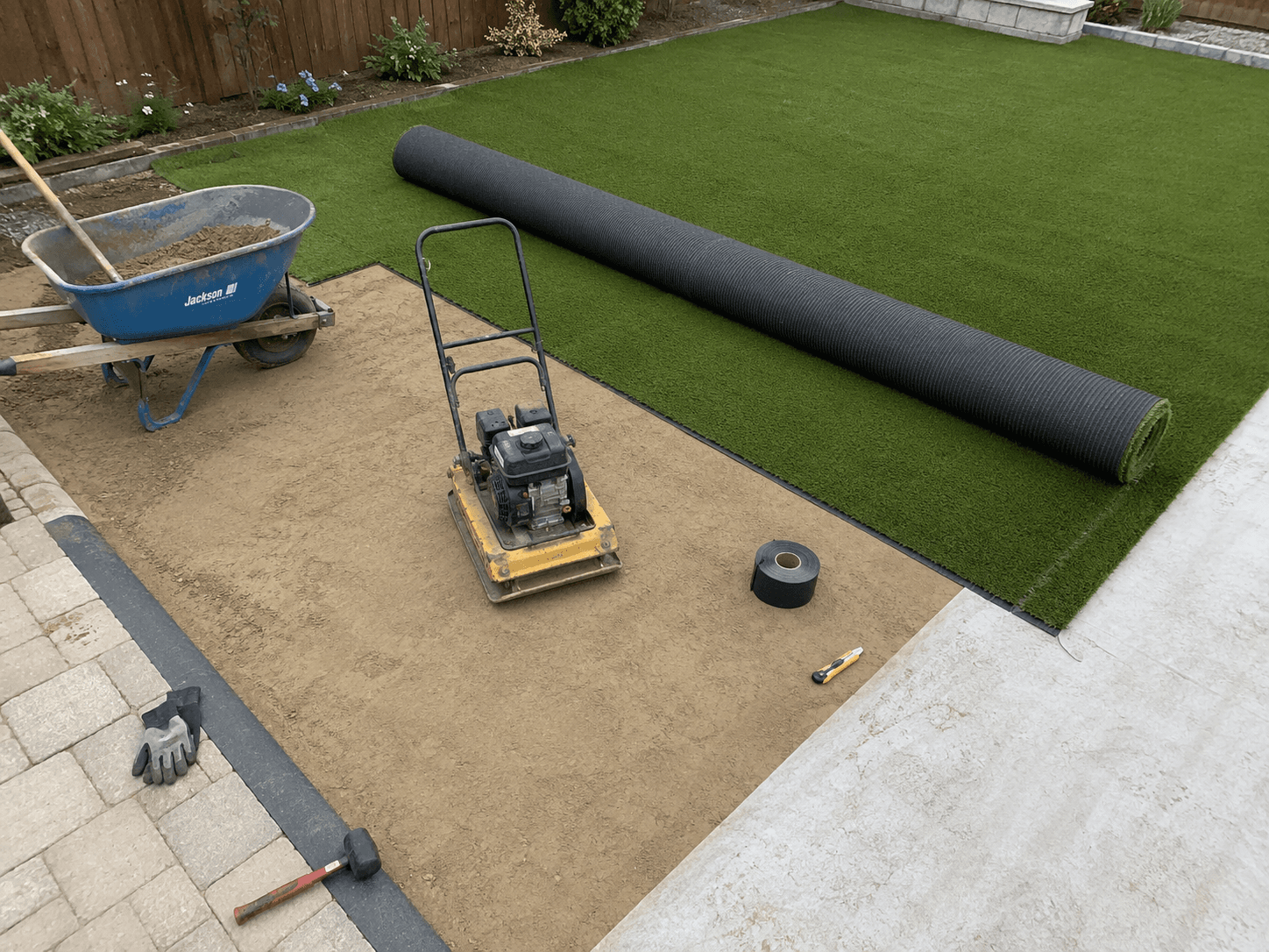 DIY artificial turf install in progress