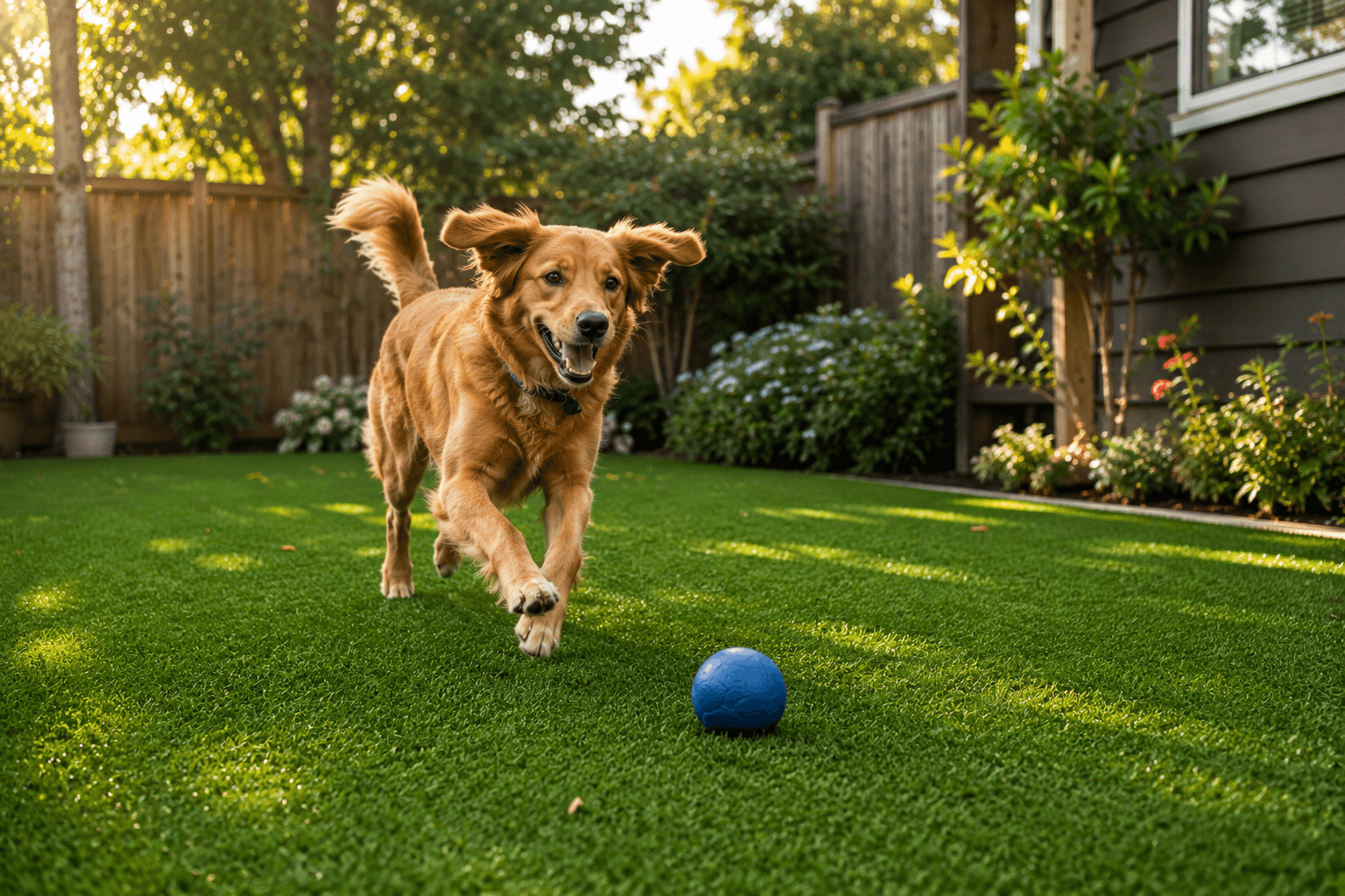Happy dog playing on artificial pet turf in a backyard