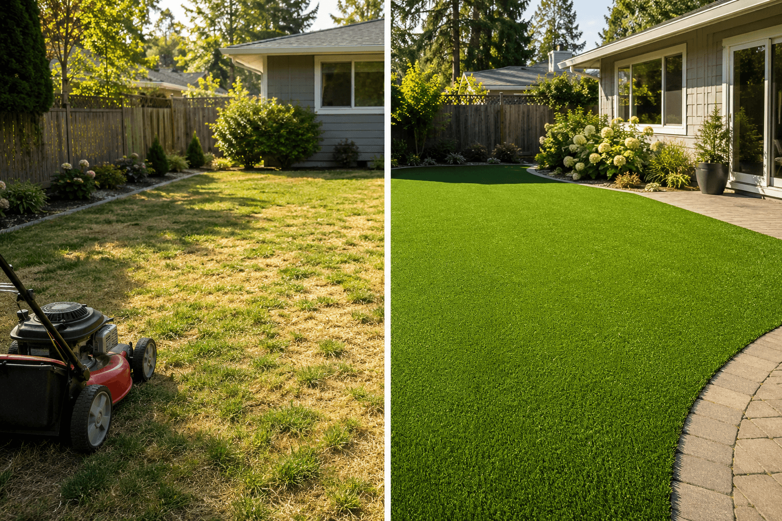 Split image comparing real grass lawn and artificial turf yard