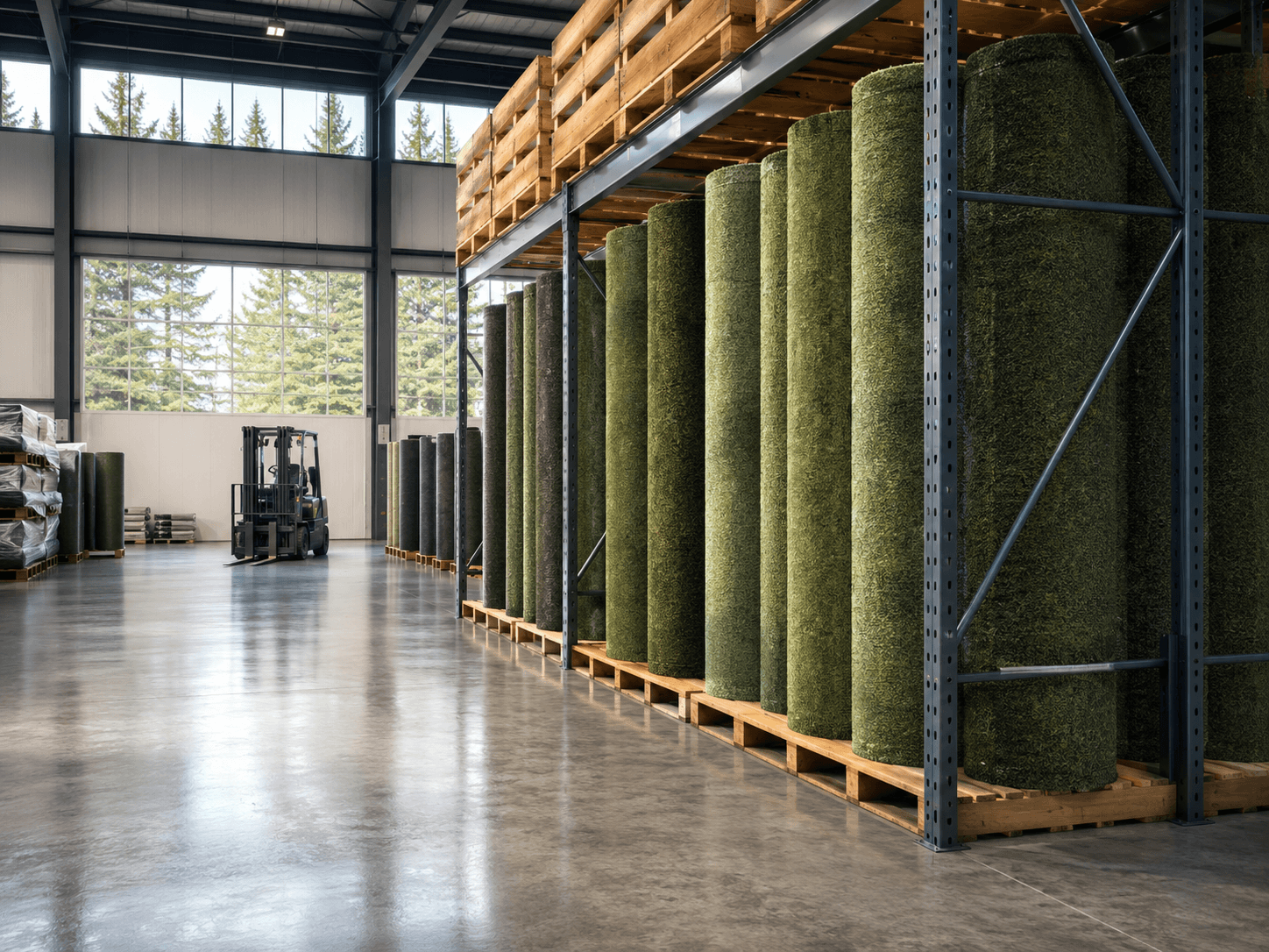 Wholesale artificial turf rolls in a warehouse