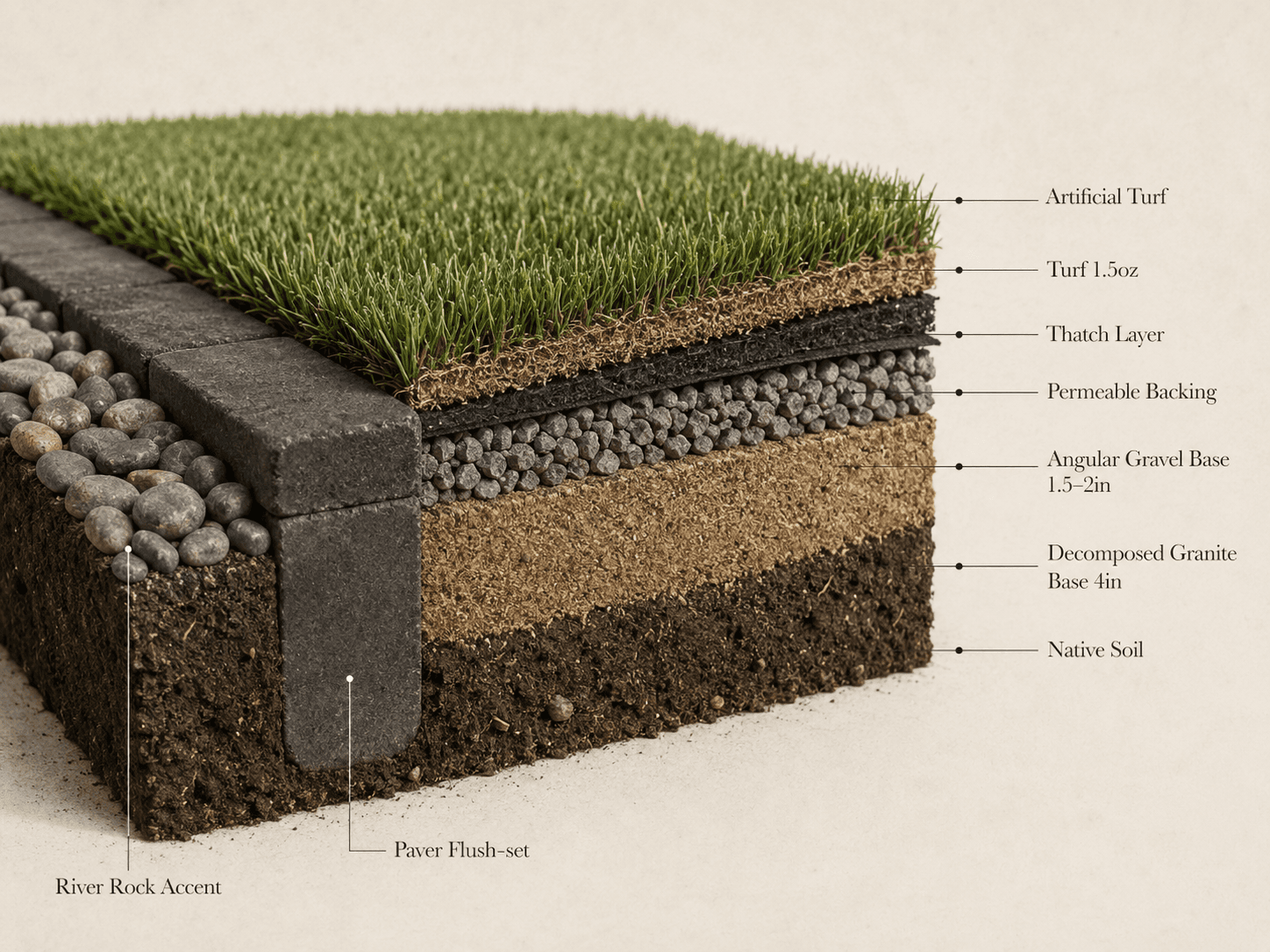Cross-section of a Rainline Turf Co. install — artificial turf, thatch, permeable backing, gravel + decomposed granite base, native soil, paver border anchored flush, river rock accent